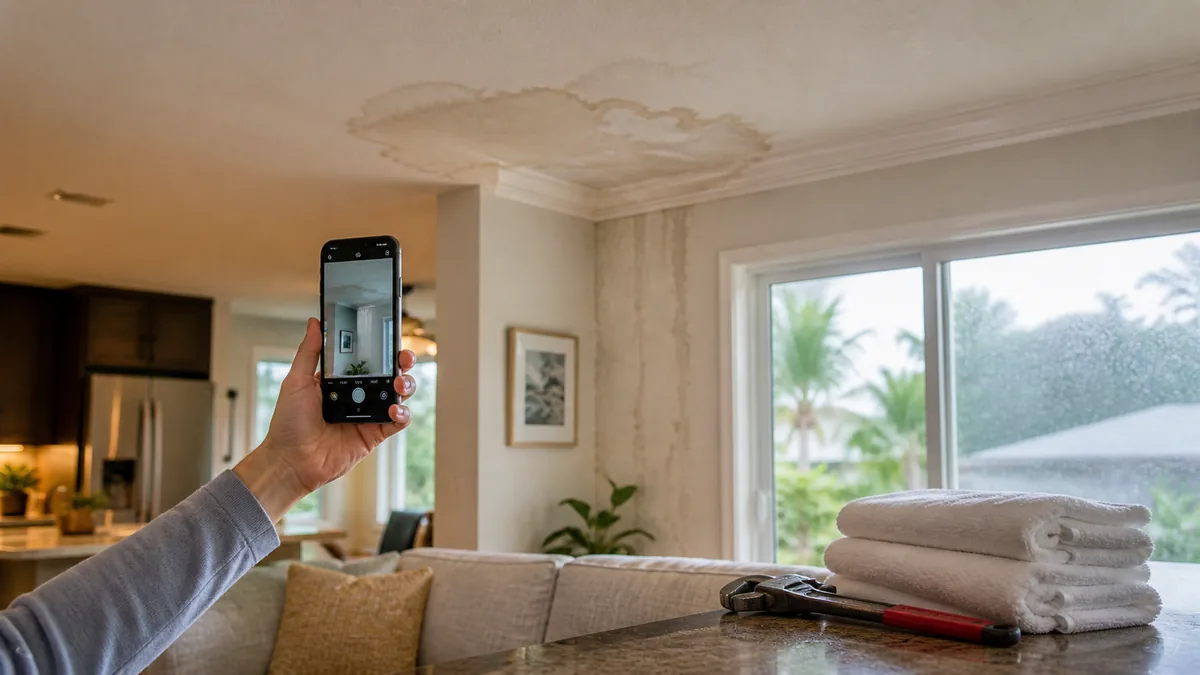 Policyholder photographing interior water damage before emergency cleanup