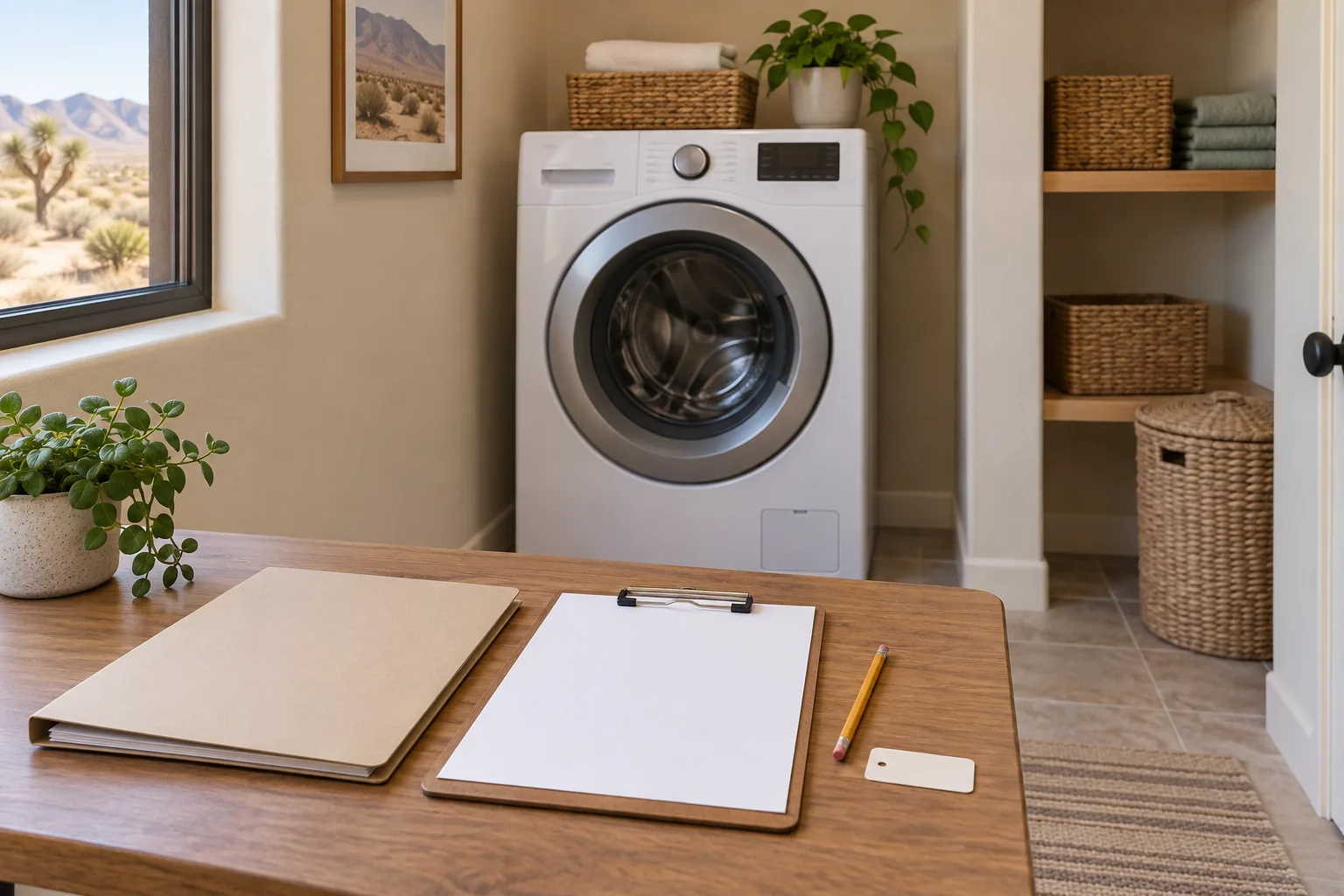 AI-generated illustration of a washing machine, blank clipboard and plain folder in a fictional Nevada laundry room.