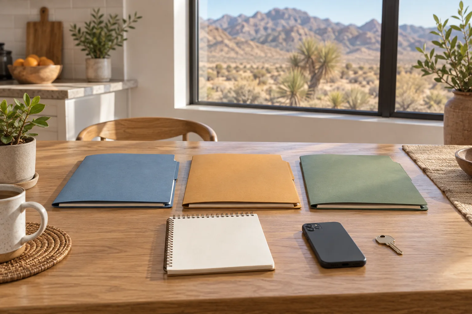 AI-generated illustration of three plain folders, a blank notebook, a face-down phone and a key on a table overlooking an imagined Nevada desert landscape.