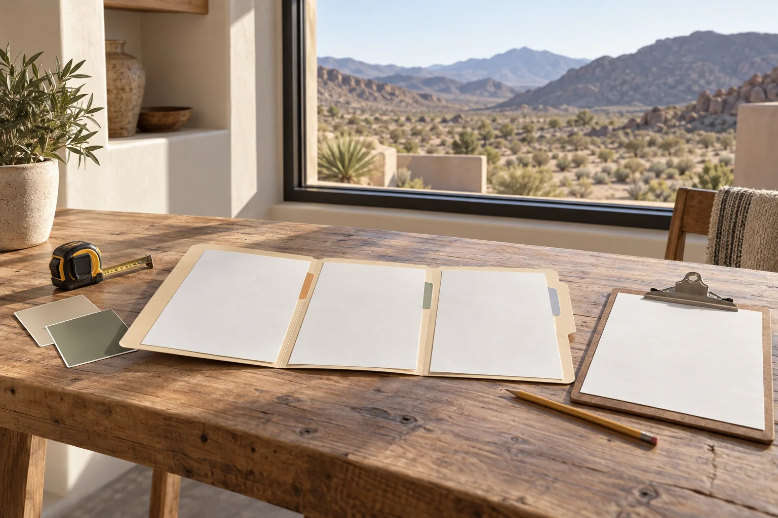 AI-generated illustration of blank repair papers, colored tabs, paint swatches and a tape measure in a fictional Nevada home.