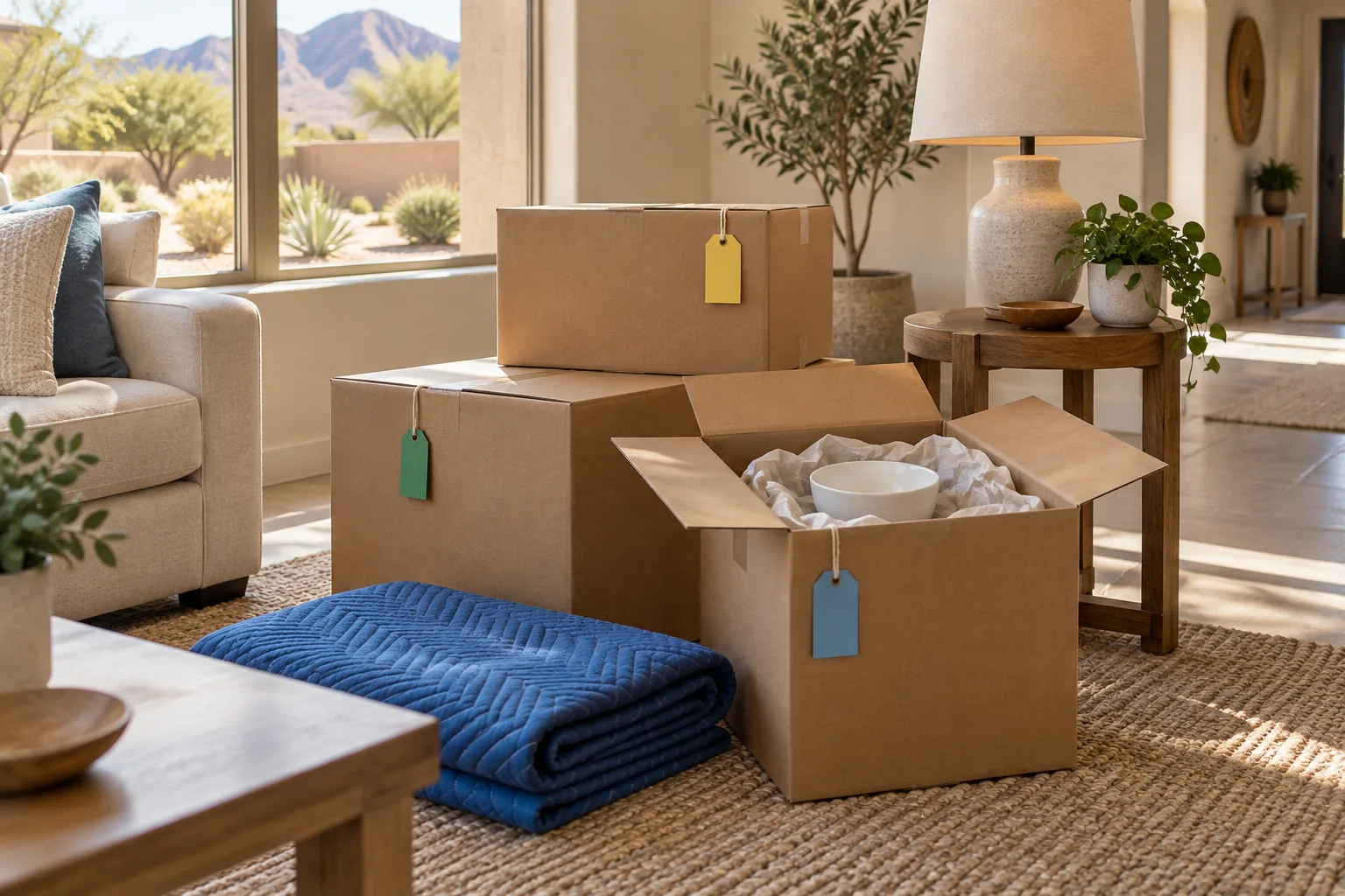 AI-generated illustration of plain moving boxes, a wrapped bowl and a blue moving blanket in a Nevada home; not an actual claim.